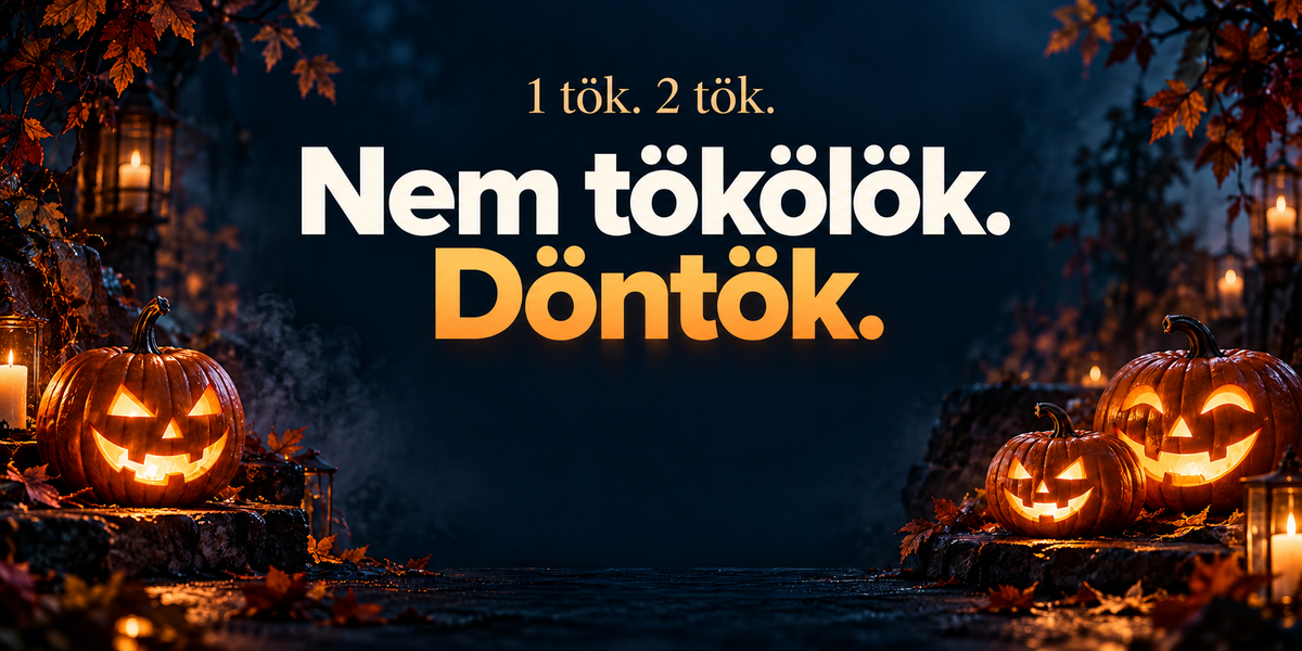 1 tök. 2 tök. Nem tökölök. Döntök. Világító töklámpások sötétkék háttér előtt.